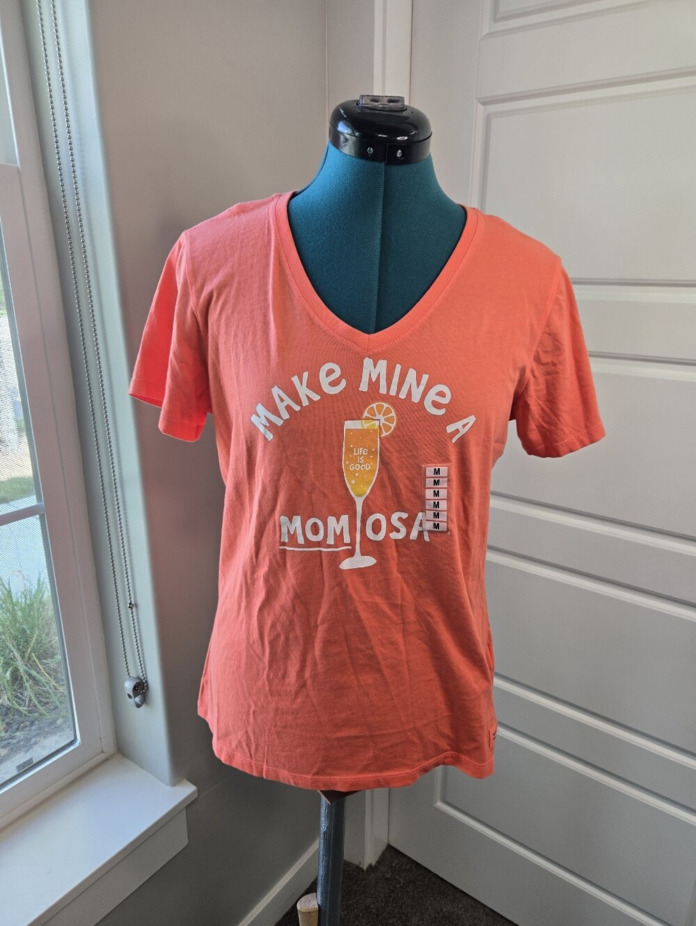 NWOT LIFE IS GOOD CRUSHER TEE CORAL V-NECK MOMOSA T-SHIRT TOP WOMEN MED COTTON